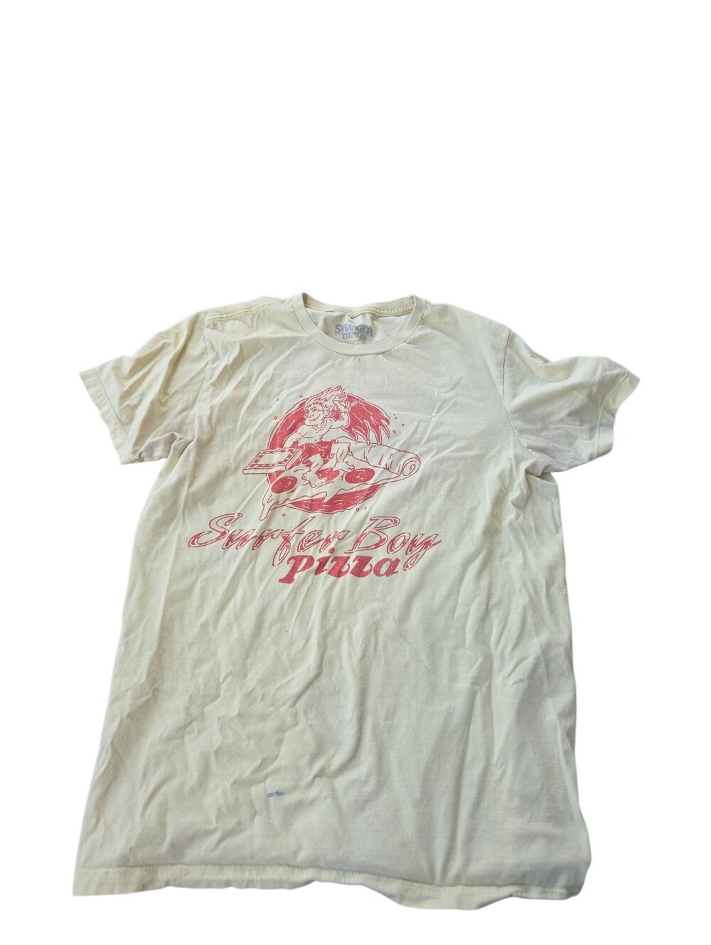 Netflix Stranger Things Surfer Boy Pizza Graphic Tee Argyle Cream Shirt L